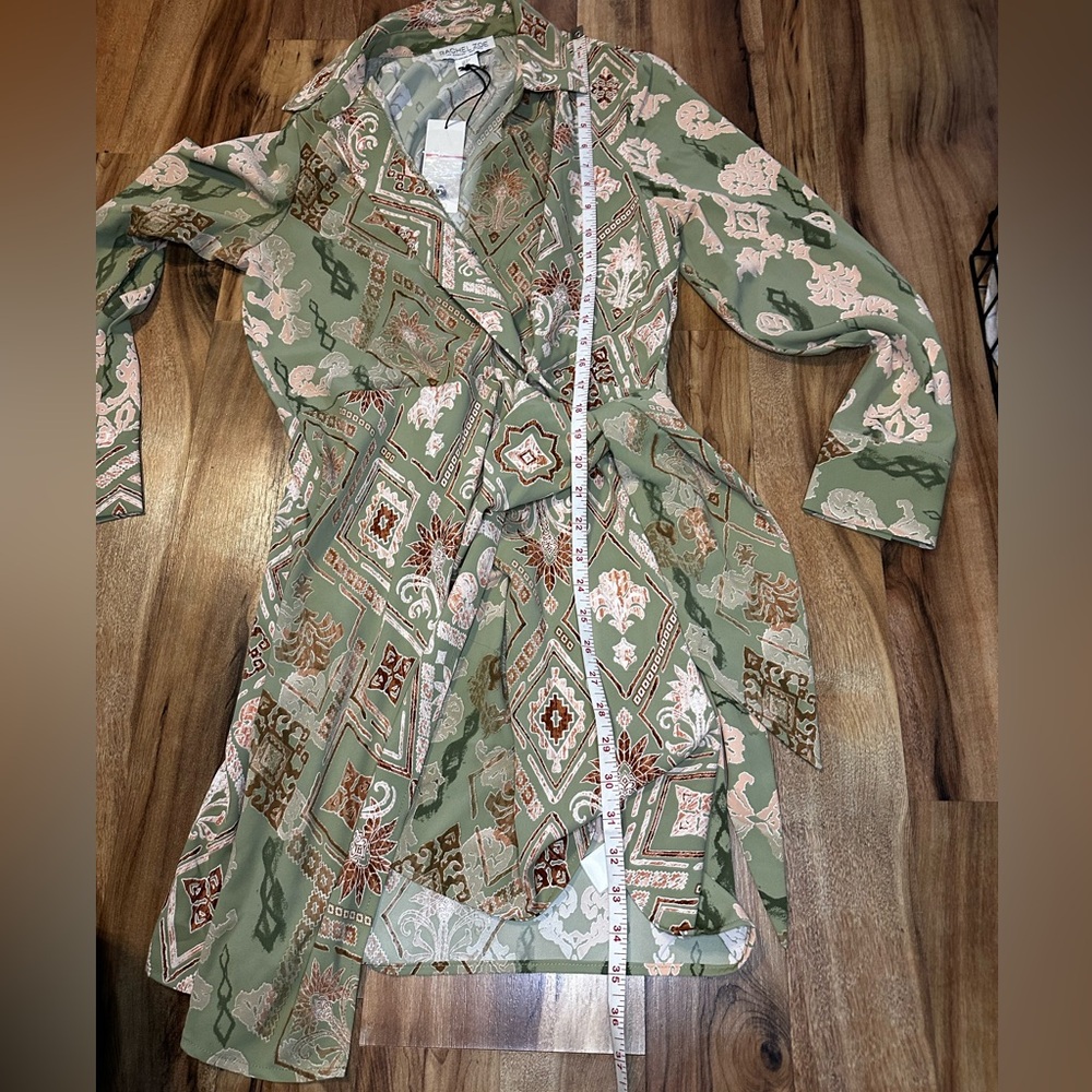 Rachel Zoe Wrap Dress Green Boho Print Long Sleeve Belted Tunic NWT Small - Picture 8 of 9